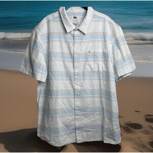 Quicksilver Cali Sunrise Button Up Mens XL White Blue Orange Stripe Short Sleeve